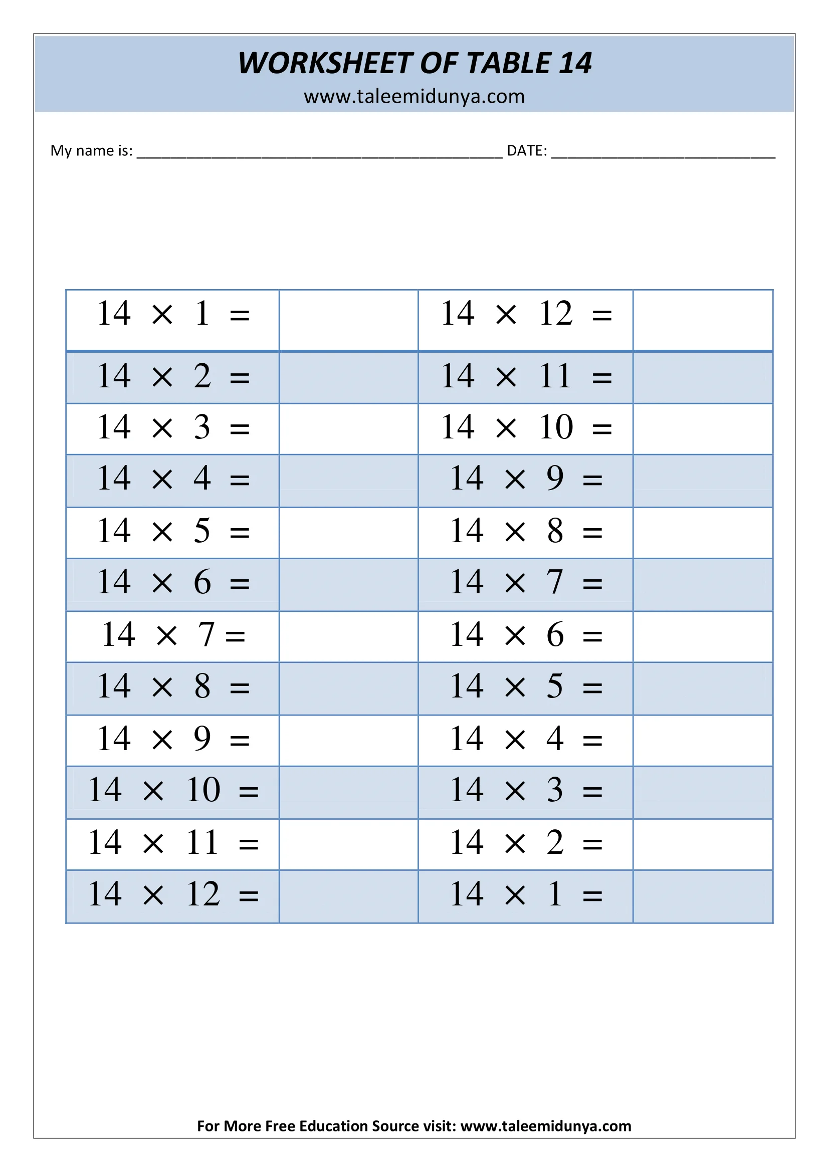 table of  14